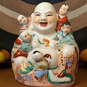 Vintage 8” Jingdezhen Famille Rose Fertility Buddha - Signed Artist 47 - MINT